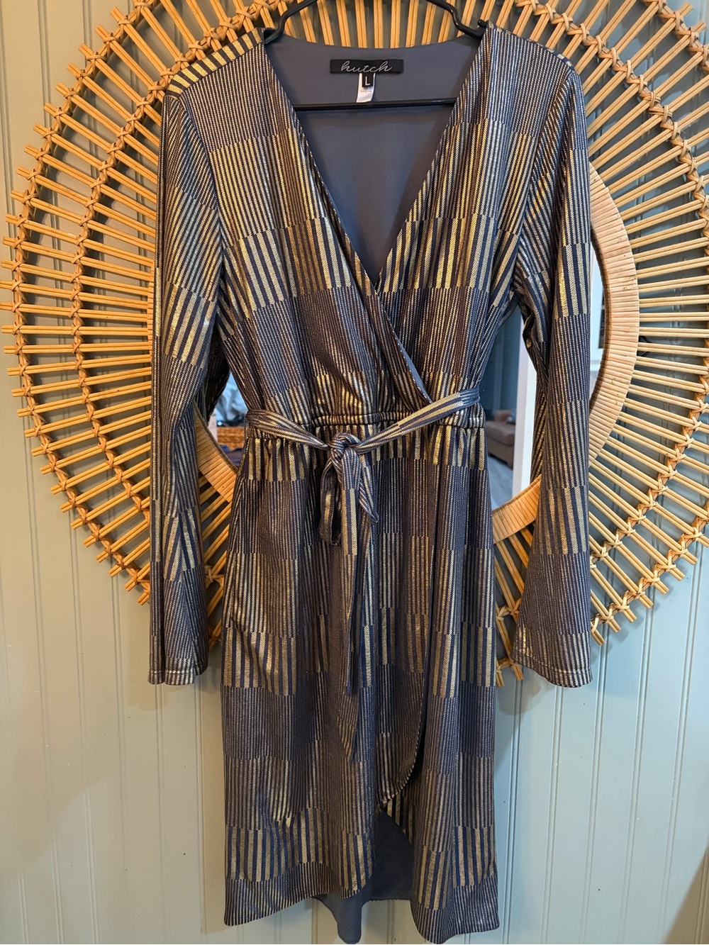 Anthropologie ✨ HUTCH Metallic Gold & Charcoal Wrap Dress-Large - occasion dress
